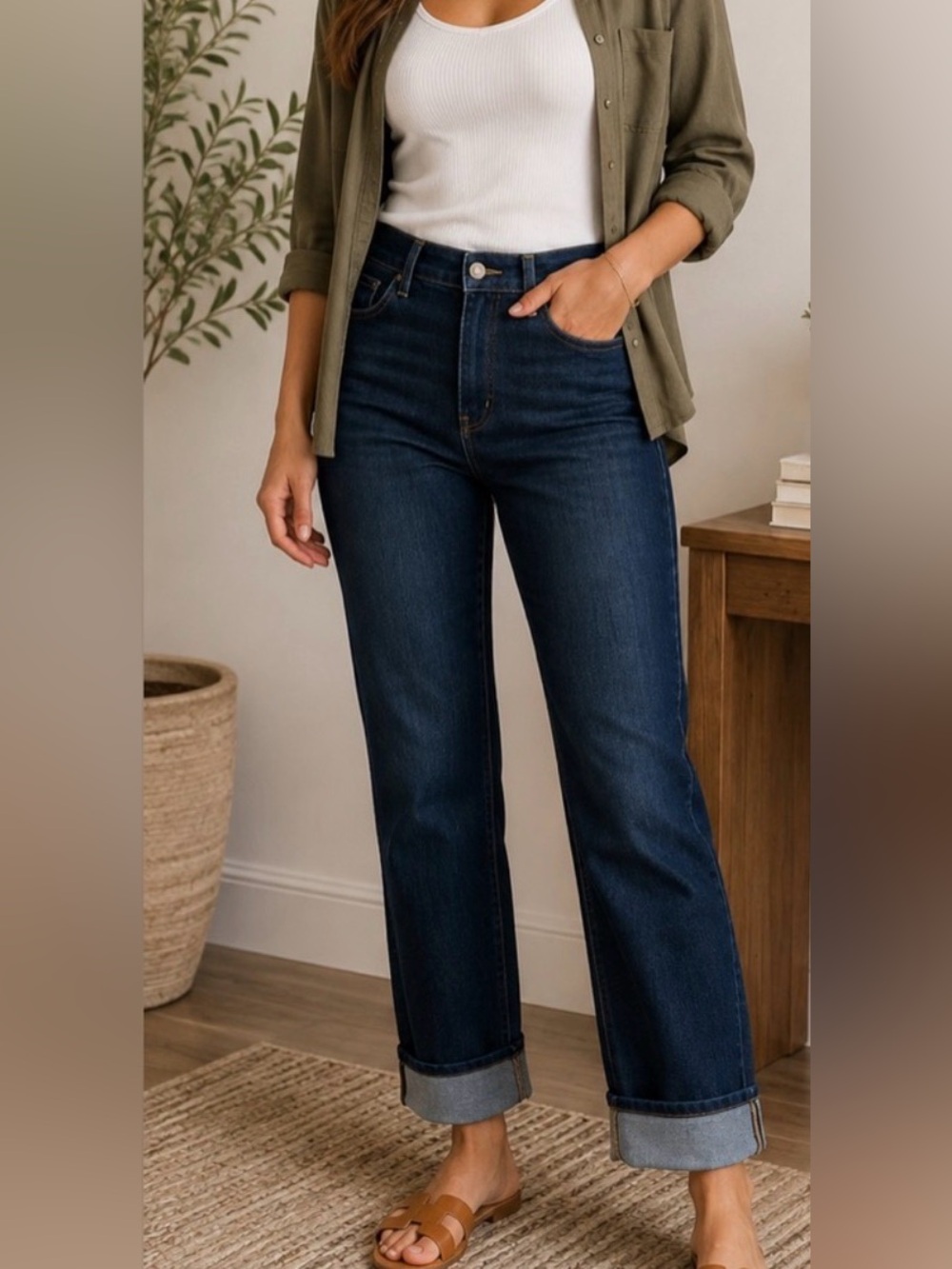 J. Jill High Rise Straight Leg Ankle Jeans Dark Wash Cuffed Hem‎ Size 10